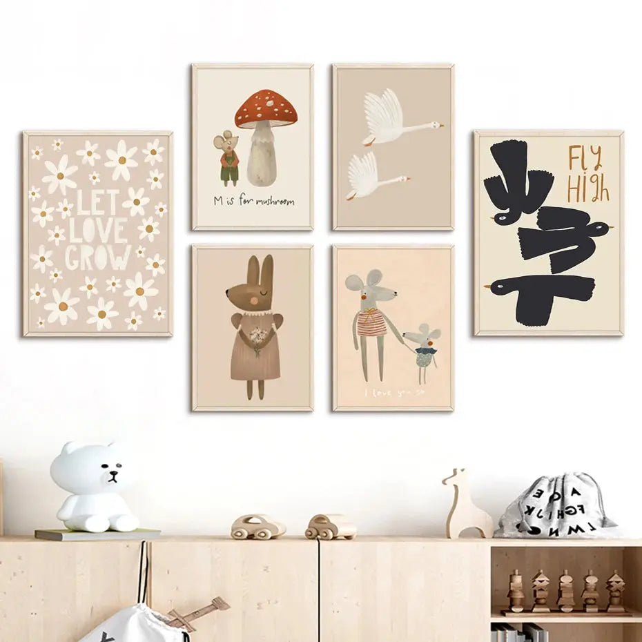 Boho Cartoon Rabbit Mouse Goose Nursery Wall Art Canvas Painting Nordic Retro Poster Prints Wall Picture Baby Kids Room Decor June Wall Art
