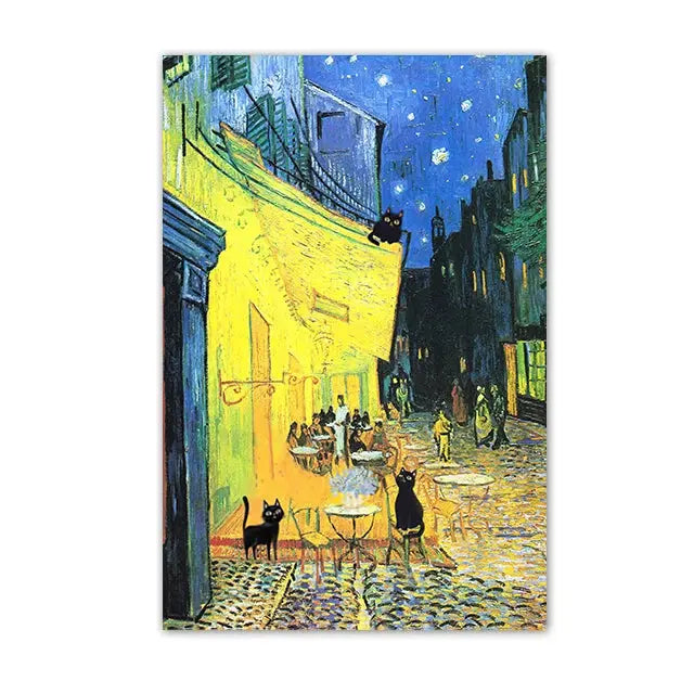 Funny Black Cat Wall Art Van Gogh Starry Night Poster Abstract Famous Reproduction Canvas Painting Aesthetic Room Home Decor June Wall Art