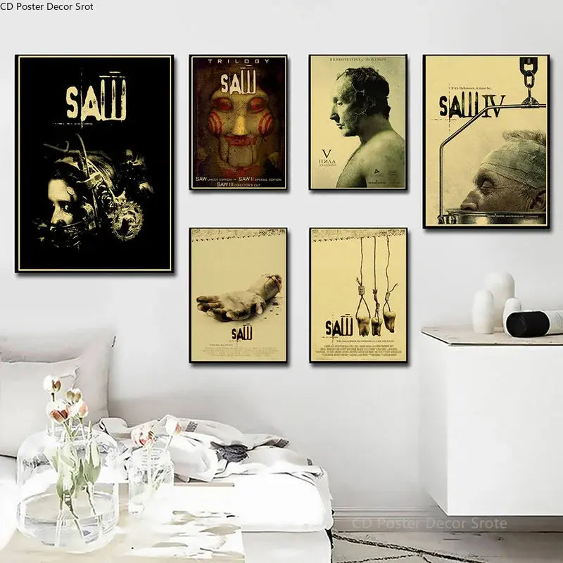 Horror Movie Saw Poster Film Retro Kraft Paper Posters DIY Vintage Home Room Bar Cafe Cinema Decor Aesthetic Art Wall Painting June Wall Art