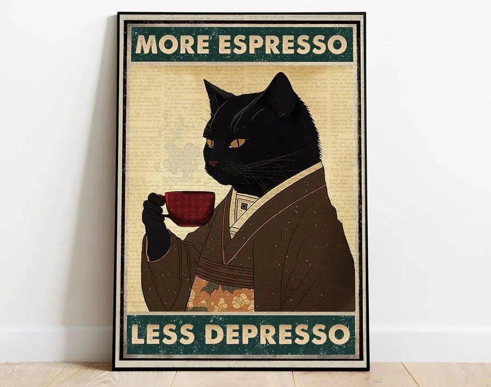 Retro Metal Tin Sign 5.5 X 8 Inches More Espresso Less Depresso Poster Drinking Poster Coffee Lover Gift Funny Black Cat Wall Ar June Wall Art
