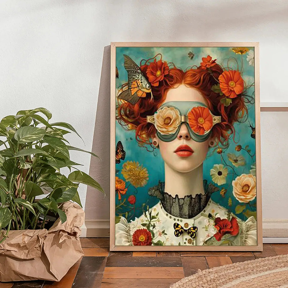 Nordic Boho Fashion Glasses Woman With Flowers Wall Art Canvas Painting Butterfly With Girl Portrait Poster Prints Mural Picture June Wall Art