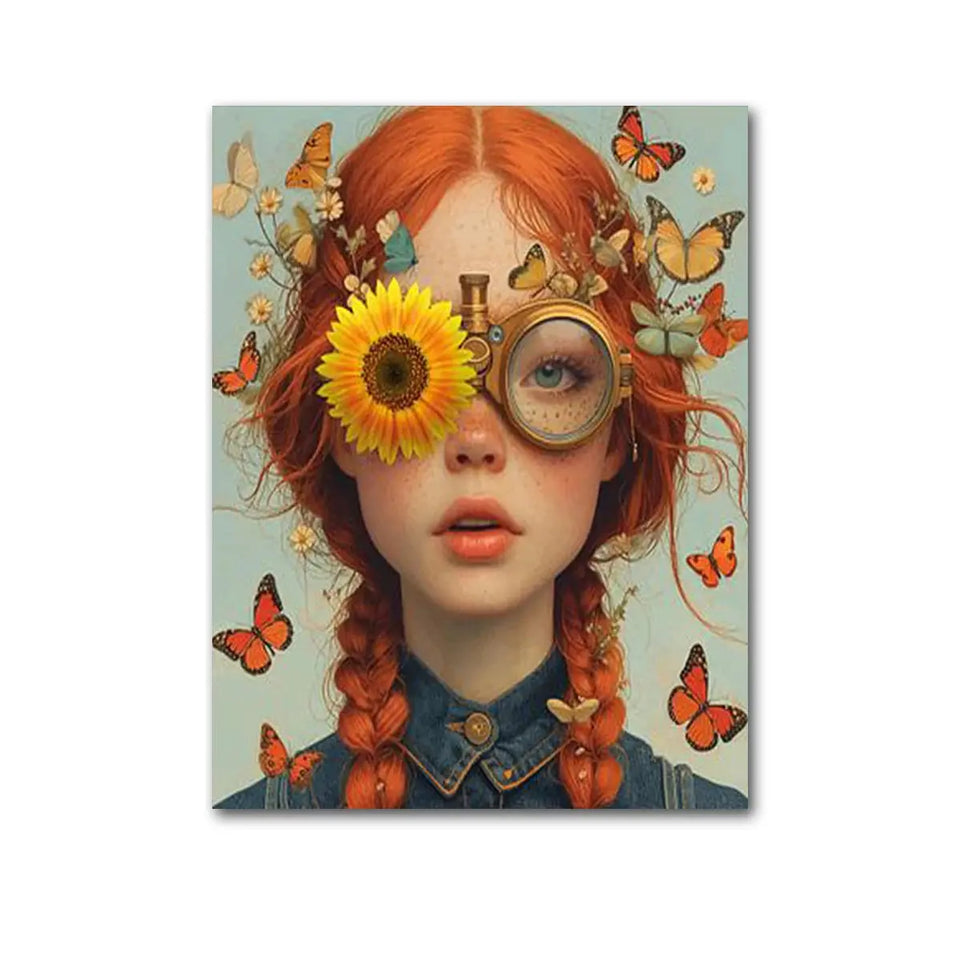 Nordic Boho Fashion Glasses Woman With Flowers Wall Art Canvas Painting Butterfly With Girl Portrait Poster Prints Mural Picture June Wall Art