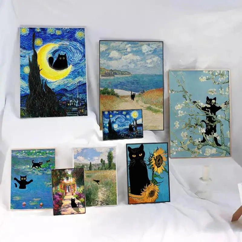 Funny Black Cat Wall Art Van Gogh Starry Night Poster Abstract Famous Reproduction Canvas Painting Aesthetic Room Home Decor June Wall Art