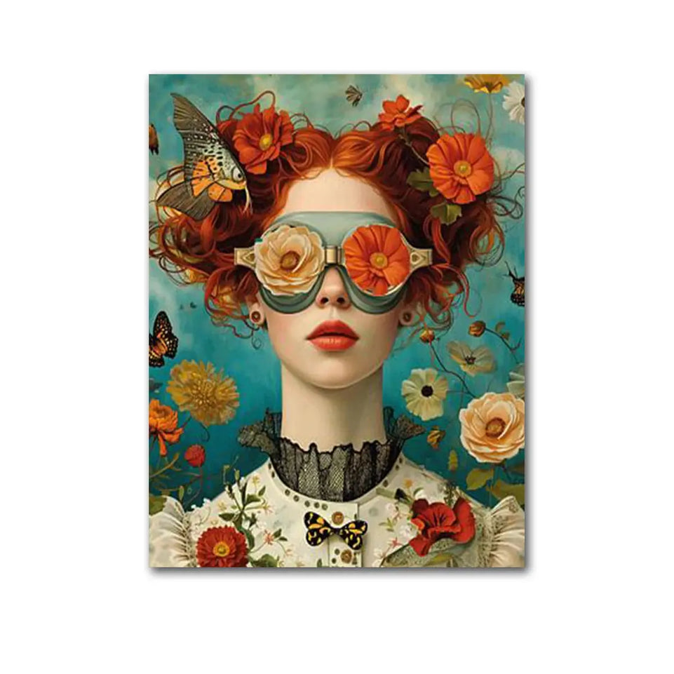 Nordic Boho Fashion Glasses Woman With Flowers Wall Art Canvas Painting Butterfly With Girl Portrait Poster Prints Mural Picture June Wall Art