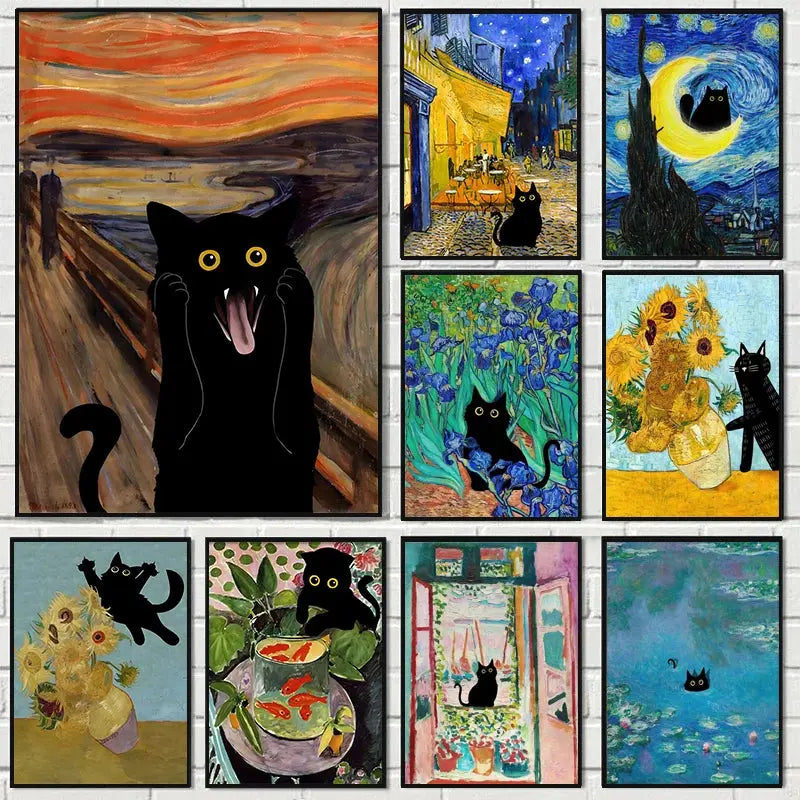 Funny Art Matisse Monet Black Cat Van Gogh Sunflowers Canvas Painting Posters and Prints Wall Pictures for Living Room Decor June Wall Art