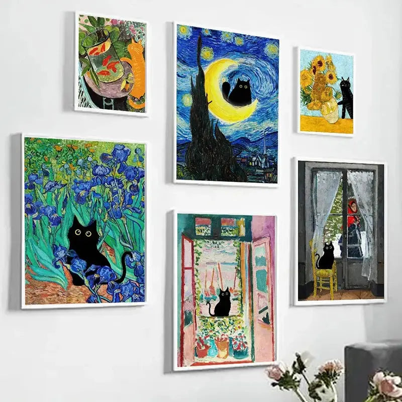 Funny Art Matisse Monet Black Cat Van Gogh Sunflowers Canvas Painting Posters and Prints Wall Pictures for Living Room Decor June Wall Art