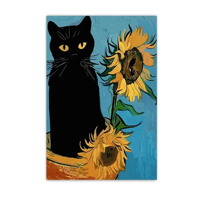 Funny Black Cat Wall Art Van Gogh Starry Night Poster Abstract Famous Reproduction Canvas Painting Aesthetic Room Home Decor June Wall Art