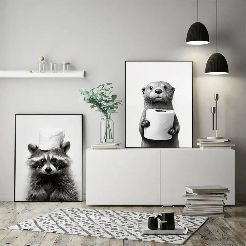 Cute Animals Toilet Paper Living Room Murals Wall Art Poster Otter Cat Tiger Canvas Painting Funny Bathroom Bathroom Home Decor June Wall Art
