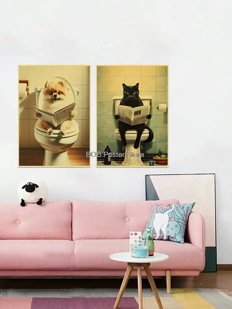 Animal Bathroom Toilet Funny Poster Kraft Paper Cat Dog Frog Art Home Decor Picture DIY Toilet Room Painting Wall Sticker Gift June Wall Art