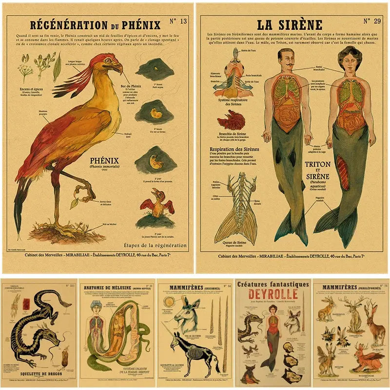 Anatomy of Mermaid Poster Bird Curious Creatures Kraft Paper Prints Vintage Home Room Cafe Bar Art Wall Decor Aesthetic Painting June Wall Art