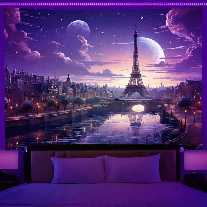 Fluorescent wall hanging fantasy starry sky planet city scenery tapestry art background cloth bedroom room home decoration June Wall Art