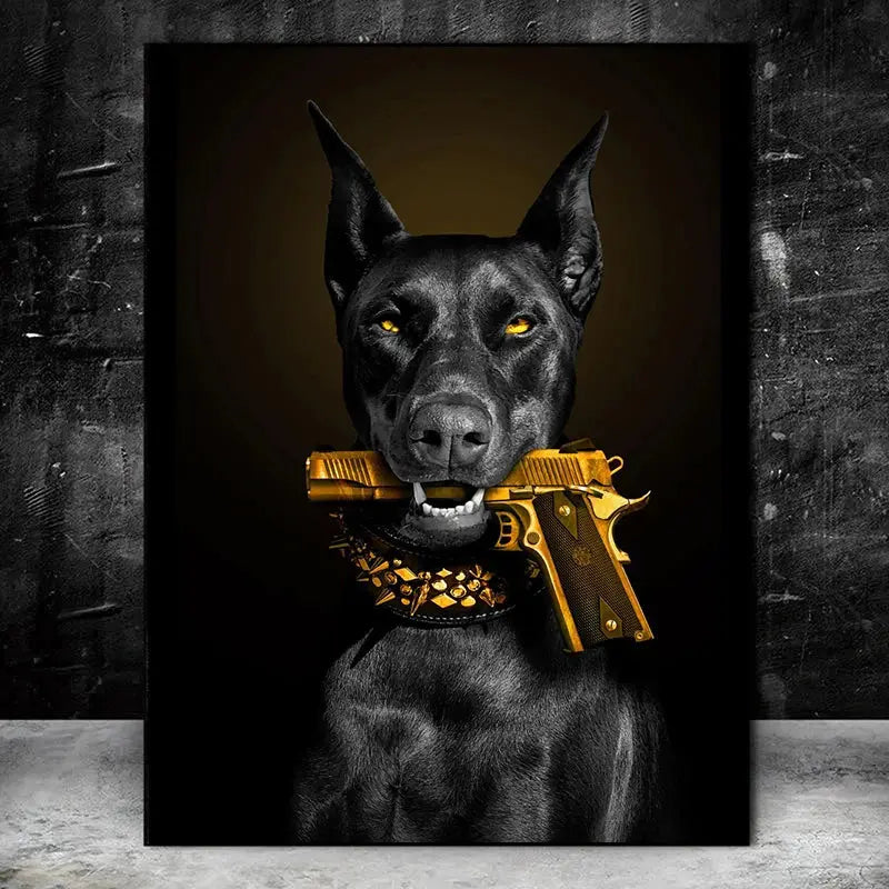 Fashion Black Doberman Dog Lion With A Pistol Poster Canvas Painting Luxury Animal Wall Art Picture For Living Room Home Decor June Wall Art