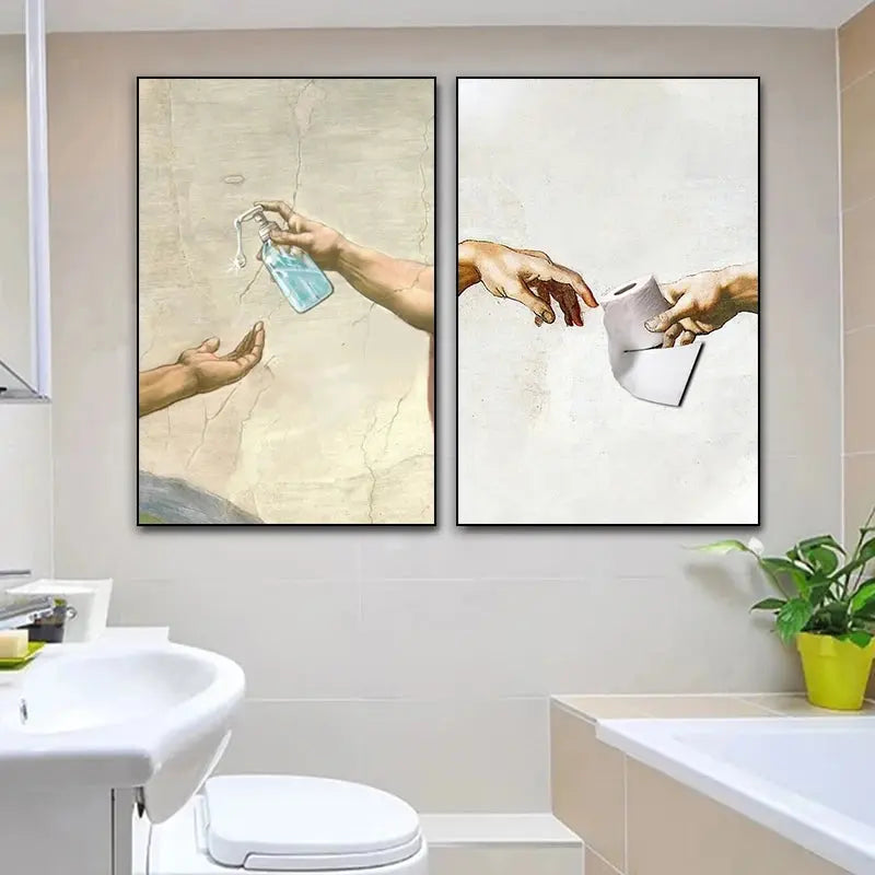 Retro Hand of God and Adam Funny Toilet Paper Picture Canvas Painting Poster For Wash Room Bathroom Living Wall Art Home Decor June Wall Art