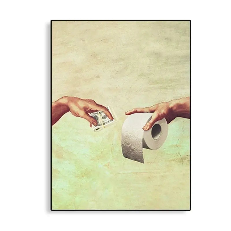 Retro Hand of God and Adam Funny Toilet Paper Picture Canvas Painting Poster For Wash Room Bathroom Living Wall Art Home Decor June Wall Art