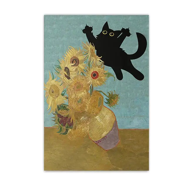 Funny Black Cat Wall Art Van Gogh Starry Night Poster Abstract Famous Reproduction Canvas Painting Aesthetic Room Home Decor June Wall Art