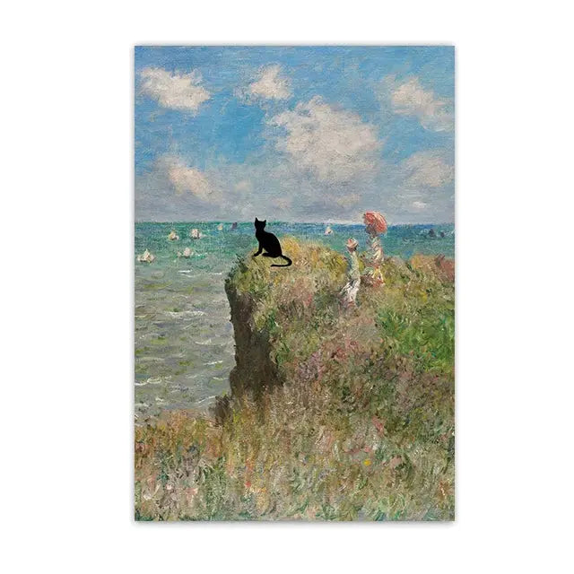 Funny Black Cat Wall Art Van Gogh Starry Night Poster Abstract Famous Reproduction Canvas Painting Aesthetic Room Home Decor June Wall Art