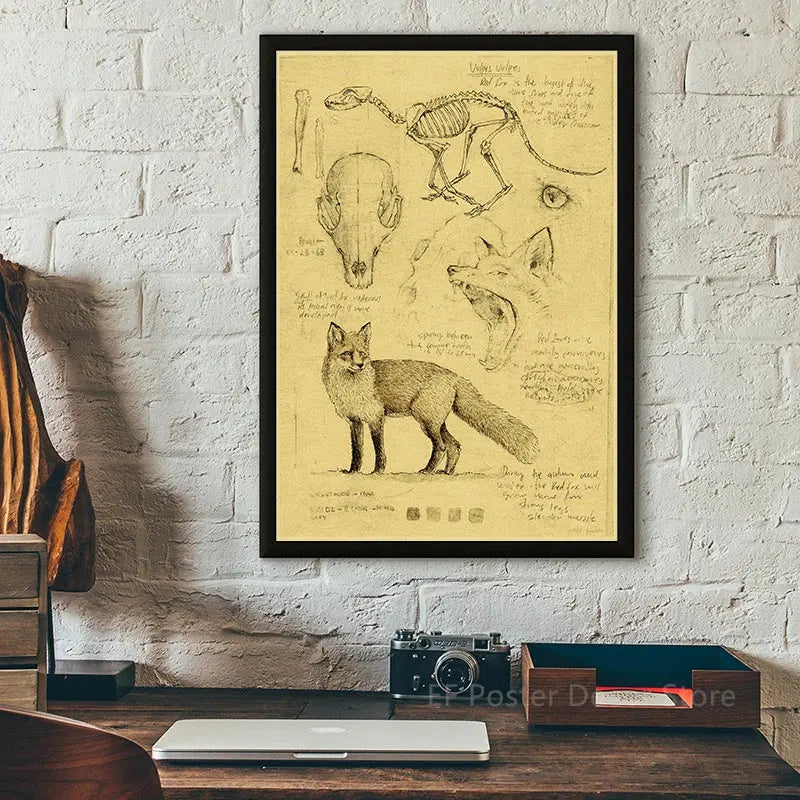 Old Sketch Studies Poster Vulpes/Skeleton Home Room Medical Club Decor Painting Plants Butterfly Vintage Prints Art Wall Picture June Wall Art