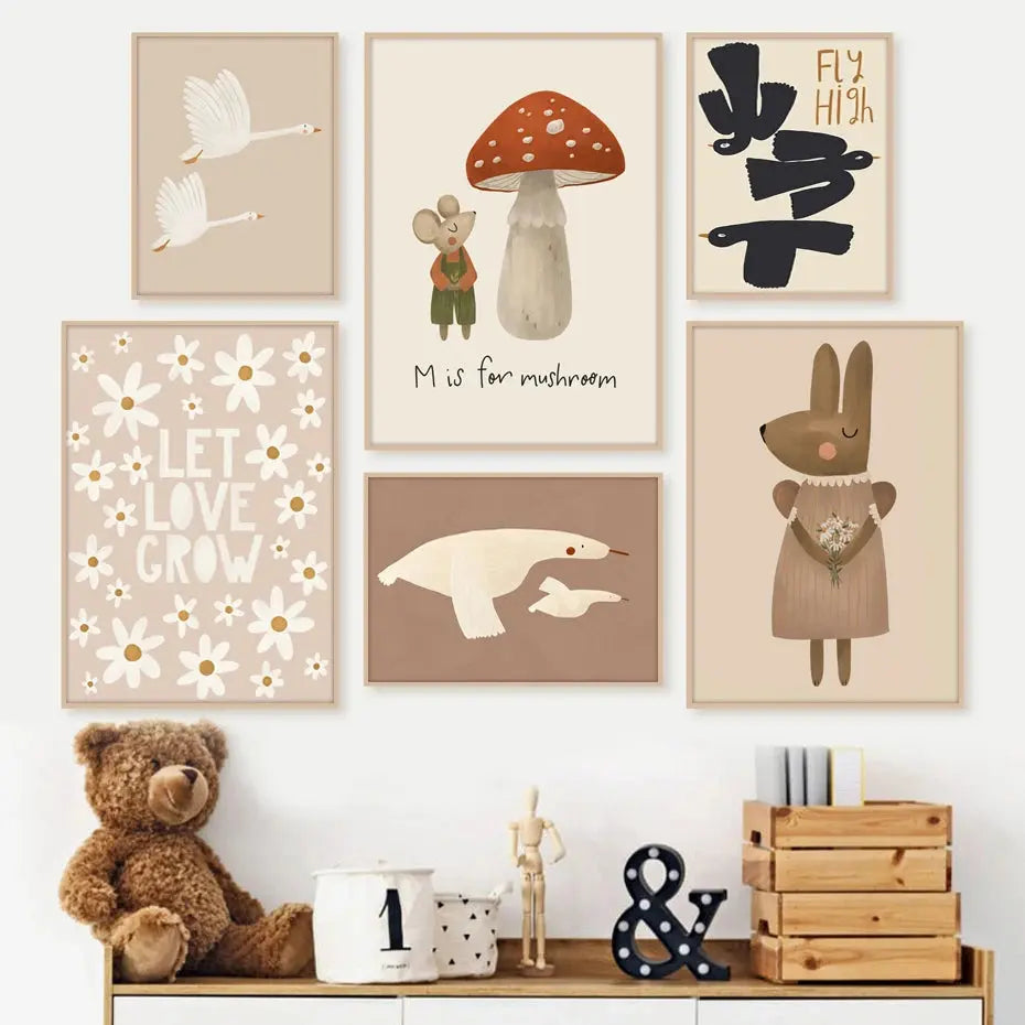 Boho Cartoon Rabbit Mouse Goose Nursery Wall Art Canvas Painting Nordic Retro Poster Prints Wall Picture Baby Kids Room Decor June Wall Art