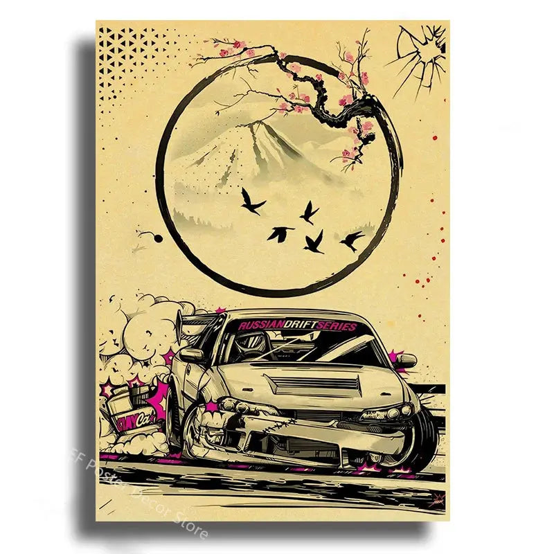 Japanese Cars Samurai Poster Painting Japan Racing Home Club Decor Wall Picture Vintage Aesthetic Jdm Car Gtr Anime Moon Printis June Wall Art