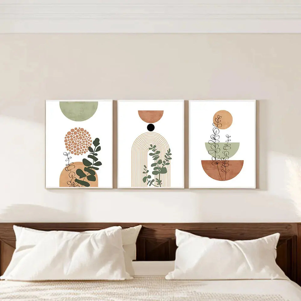 3pcs Modern Boho Abstract Shape Plant Poster Print Mid Century Bohemian Style Geometry Botanical Art Painting Wall Decor Picture June Wall Art