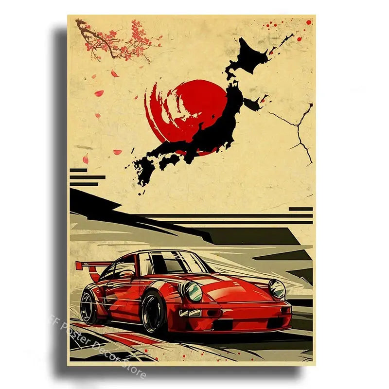 Japanese Cars Samurai Poster Painting Japan Racing Home Club Decor Wall Picture Vintage Aesthetic Jdm Car Gtr Anime Moon Printis June Wall Art