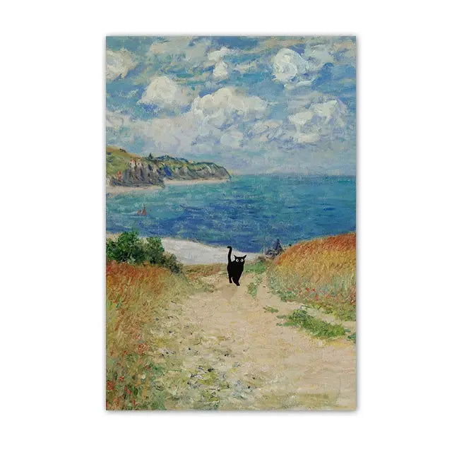 Funny Black Cat Wall Art Van Gogh Starry Night Poster Abstract Famous Reproduction Canvas Painting Aesthetic Room Home Decor June Wall Art