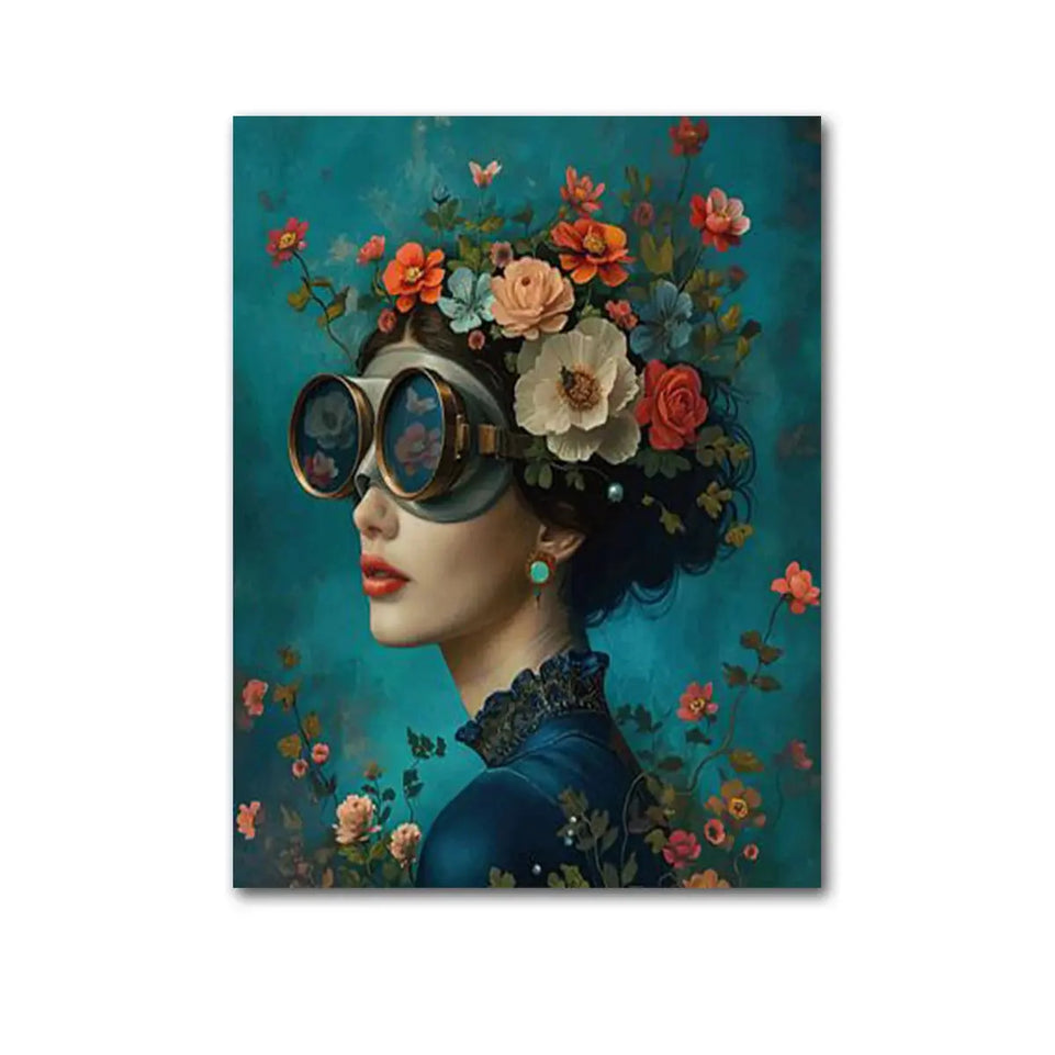 Nordic Boho Fashion Glasses Woman With Flowers Wall Art Canvas Painting Butterfly With Girl Portrait Poster Prints Mural Picture June Wall Art