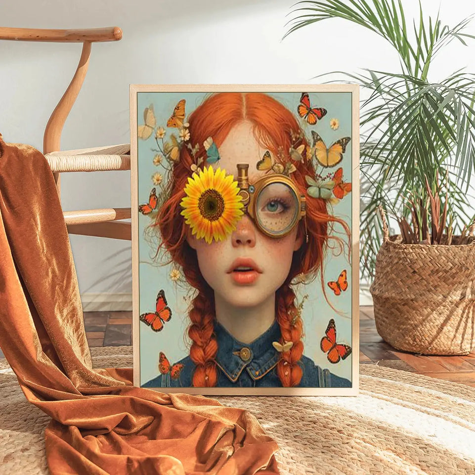 Nordic Boho Fashion Glasses Woman With Flowers Wall Art Canvas Painting Butterfly With Girl Portrait Poster Prints Mural Picture June Wall Art