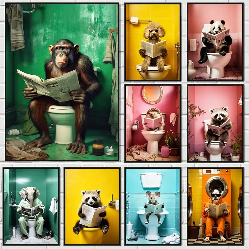 Chimpanzee Elephant Panda Animal Posters Print Funny Art Wall Picture Canvas Painting for Bathroom Toilet Room Home Decor Gift June Wall Art