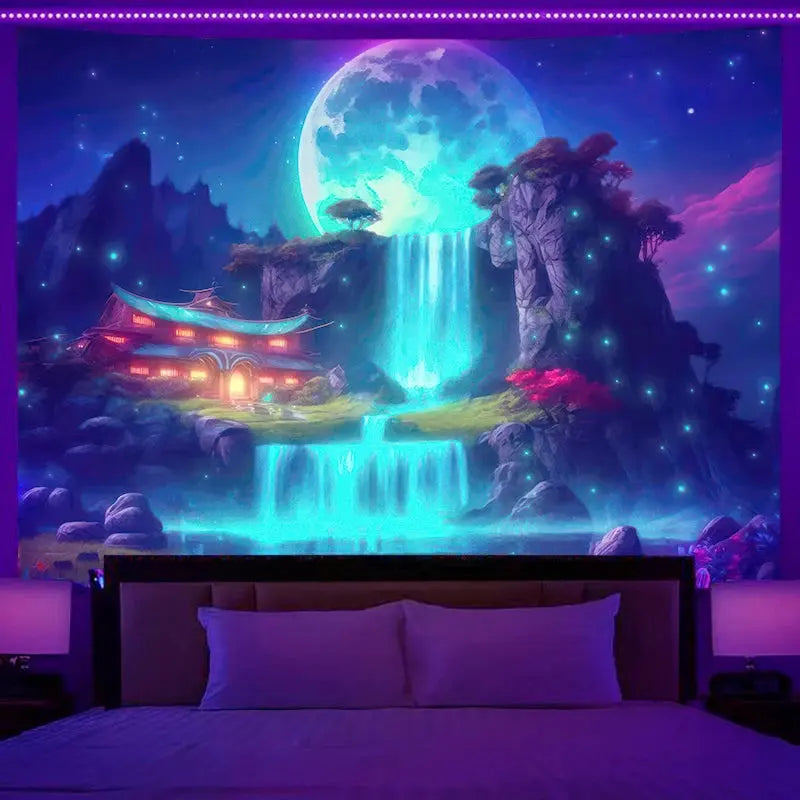 Fluorescent wall hanging fantasy starry sky planet city scenery tapestry art background cloth bedroom room home decoration June Wall Art