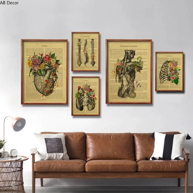 Human Heart/Lungs/Thorax/Cerebrum Anatomy with Flower and Description Posters Prints Retro Home Medical Decor Art Wall Painting June Wall Art