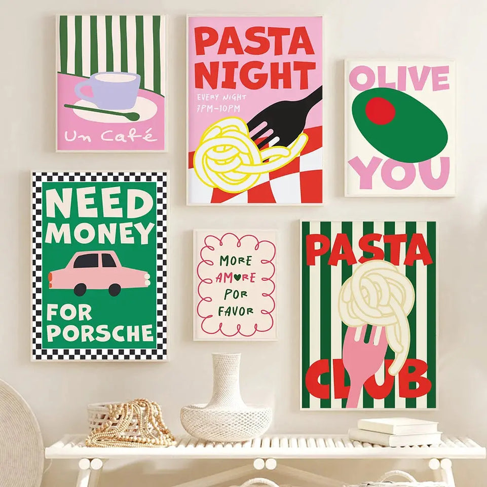 Color Food Art Quote Poster Pasta Club Canvas Painting Wall Prints French Fries Kitchen Pictures for Living Cafe Home Decoration June Wall Art