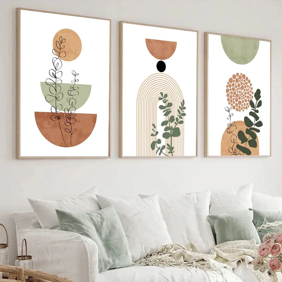 3pcs Modern Boho Abstract Shape Plant Poster Print Mid Century Bohemian Style Geometry Botanical Art Painting Wall Decor Picture June Wall Art