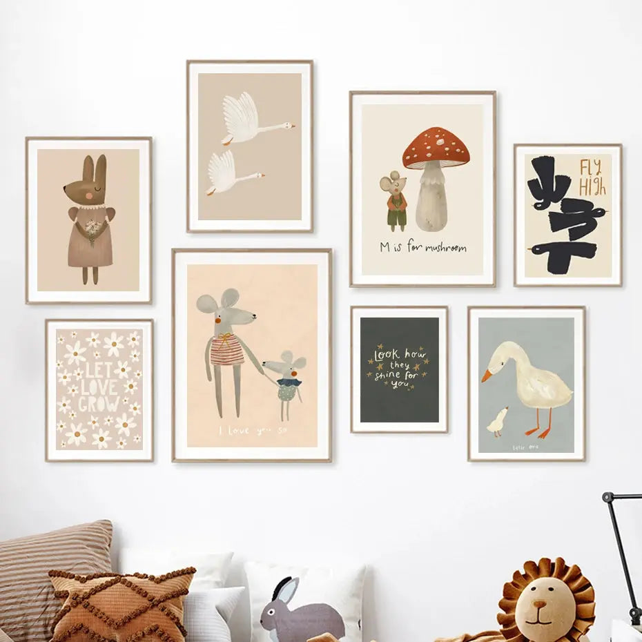 Boho Cartoon Rabbit Mouse Goose Nursery Wall Art Canvas Painting Nordic Retro Poster Prints Wall Picture Baby Kids Room Decor June Wall Art