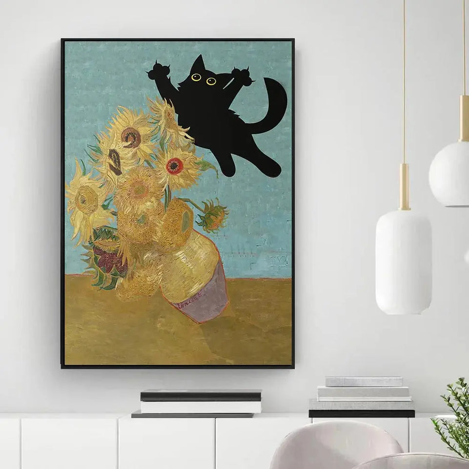 Funny Black Cat Wall Art Van Gogh Starry Night Poster Abstract Famous Reproduction Canvas Painting Aesthetic Room Home Decor June Wall Art