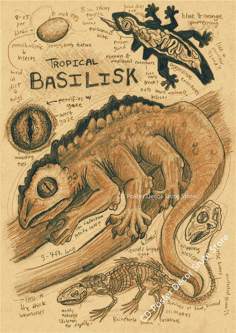 Natural Study Red Fox/Dragon/Elephant/Phoenix/Thestral/Wolf/Hare Poster Prints Kraft Paper Vintage Home Room Decor Wall Painting June Wall Art