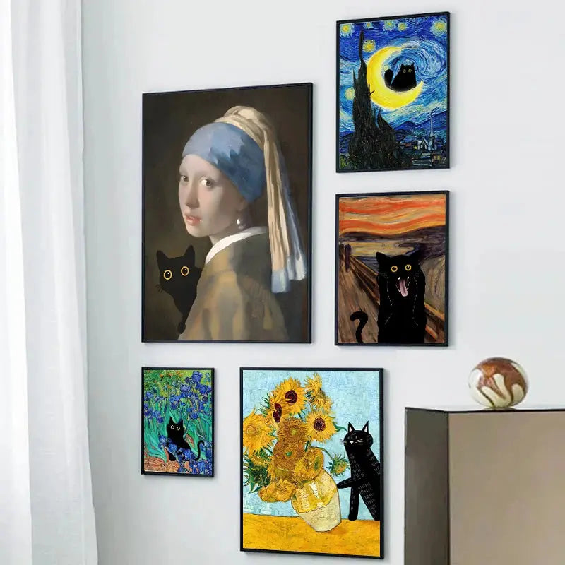 Funny Art Matisse Monet Black Cat Van Gogh Sunflowers Canvas Painting Posters and Prints Wall Pictures for Living Room Decor June Wall Art