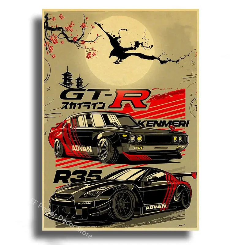 Japanese Cars Samurai Poster Painting Japan Racing Home Club Decor Wall Picture Vintage Aesthetic Jdm Car Gtr Anime Moon Printis June Wall Art