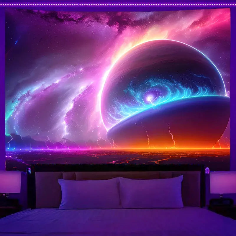 Fluorescent wall hanging fantasy starry sky planet city scenery tapestry art background cloth bedroom room home decoration June Wall Art