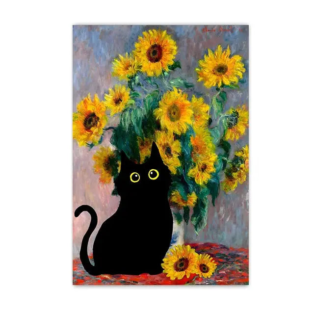 Funny Black Cat Wall Art Van Gogh Starry Night Poster Abstract Famous Reproduction Canvas Painting Aesthetic Room Home Decor June Wall Art
