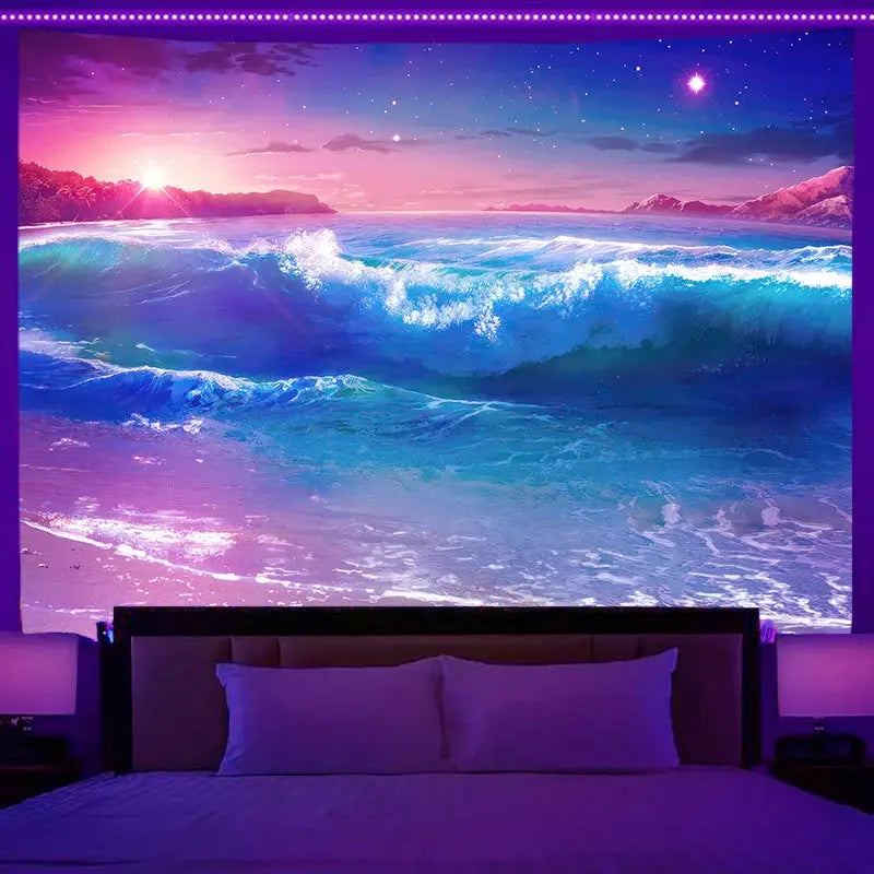 Fluorescent wall hanging fantasy starry sky planet city scenery tapestry art background cloth bedroom room home decoration June Wall Art