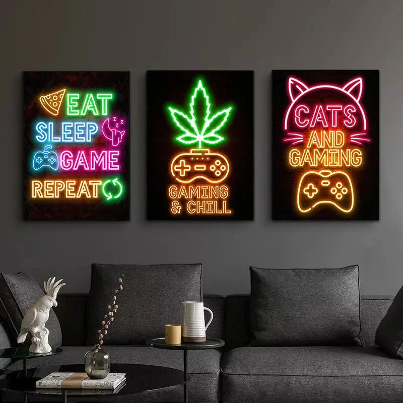 Neon Art Happy Gaming Zone Games Room Poster Print Canvas Painting Gamer Office Wall Art For Boy Bedroom Home Decor No LED June Wall Art