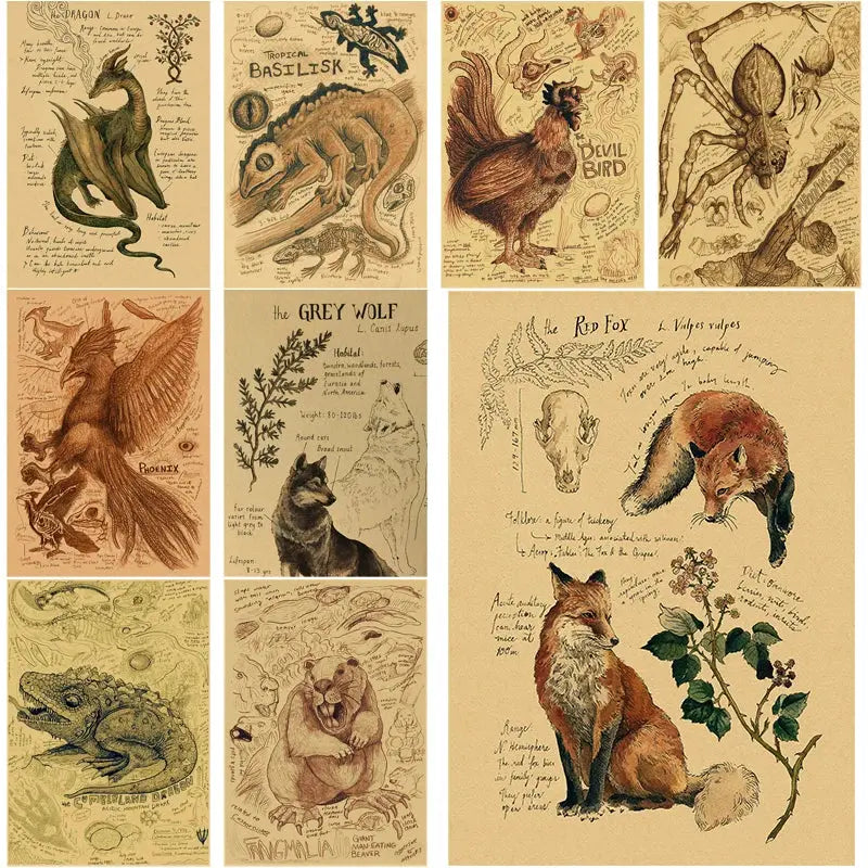 Retro Dragon//Fox/Dog/Wolf/Bird/Bear Posters Prints Nostalgic Animal Natural Study Vintage Home Room Art Wall Decor Painting June Wall Art