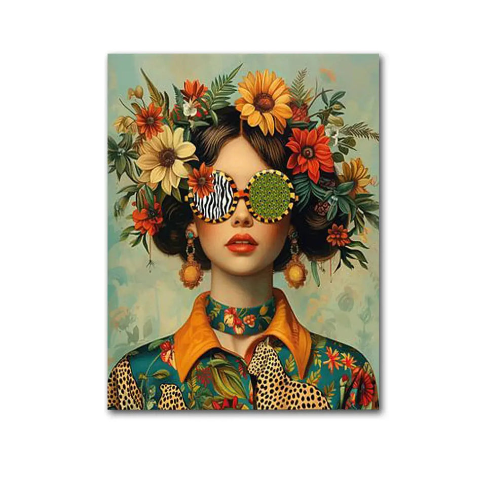 Nordic Boho Fashion Glasses Woman With Flowers Wall Art Canvas Painting Butterfly With Girl Portrait Poster Prints Mural Picture June Wall Art