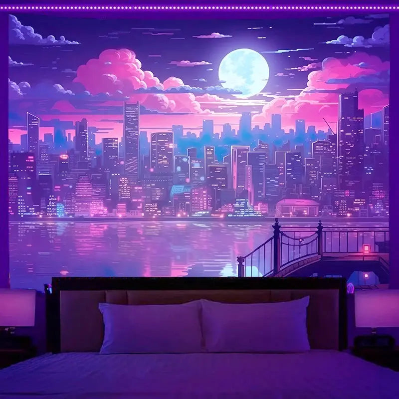 Fluorescent wall hanging fantasy starry sky planet city scenery tapestry art background cloth bedroom room home decoration June Wall Art