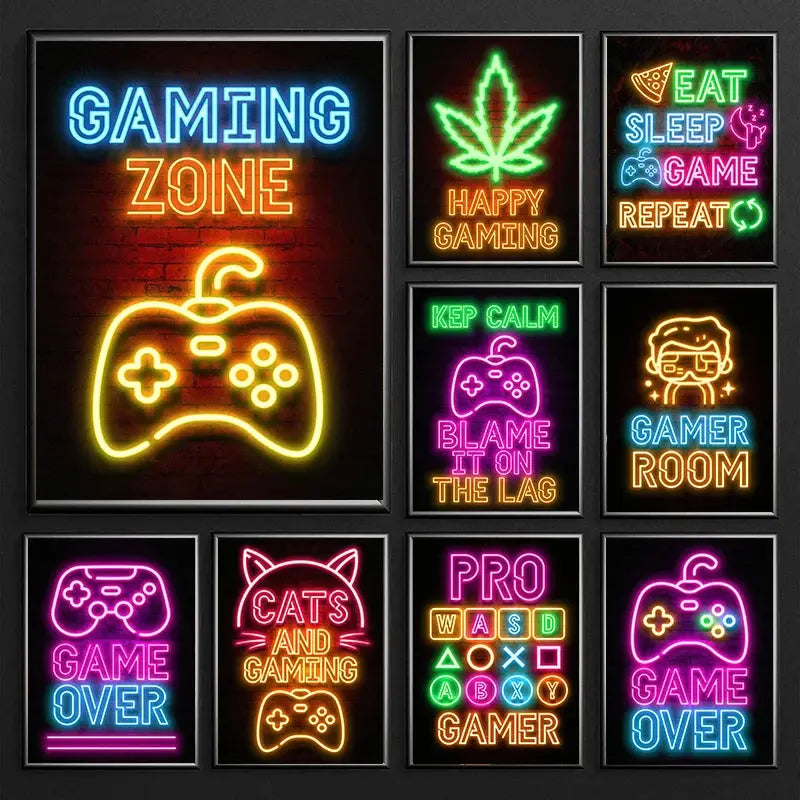 Neon Art Happy Gaming Zone Games Room Poster Print Canvas Painting Gamer Office Wall Art For Boy Bedroom Home Decor No LED June Wall Art