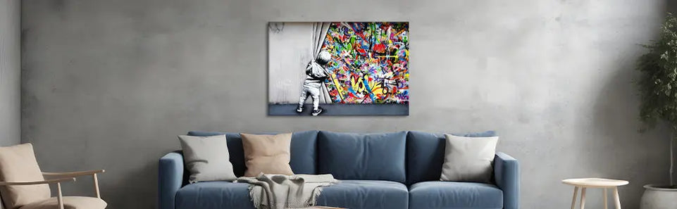 Yatsen Bridge Classic Street Art Banksy Graffiti Wall Art Behind The Curtain Posters Canvas Paintings Colorful Graffiti Pictures Prints Framed for Living Room Home Decor(36''W x 24''H) https://www.amazon.com/dp/B07ZVHB9FP