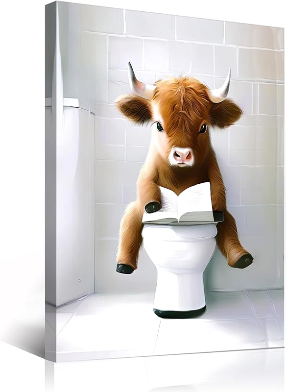 TWNSLLA Highland Cow Funny Bathroom Decor Wall Art,Bathroom Highland Cow Art Prints,Rustic Farmhouse Bathroom Wall Decor,Funny Bathroom Signs Animal Canvas Wall Art,UNFRAMED,8x10inchx4pcs https://www.amazon.com/dp/B0D2CRRJBZ