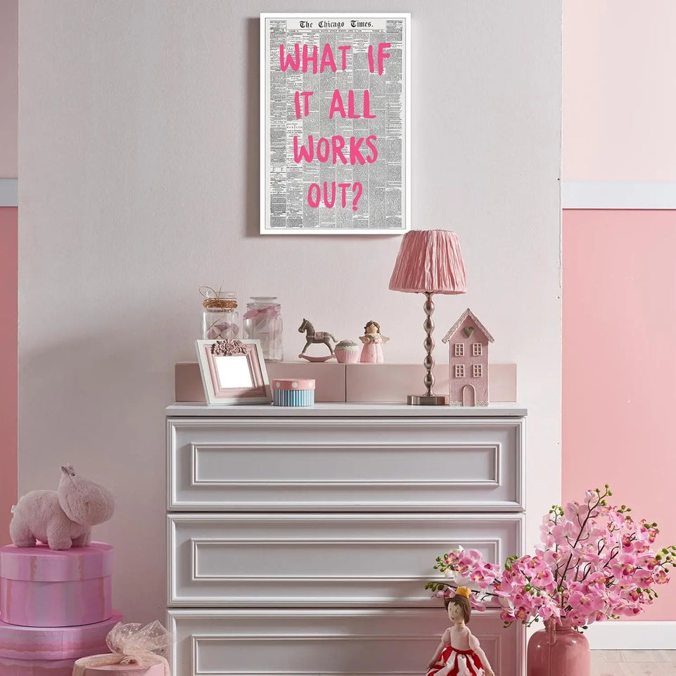 Liyark Retro Trendy Newspaper Canvas Wall Art What If All Works Out Poster Black And White Wall Art Positive Affirmation Quote Wall Art Pink Font Wall Decor Minimalist Home Decor 12x16in Unframed https://www.amazon.com/dp/B0D14VNYMR