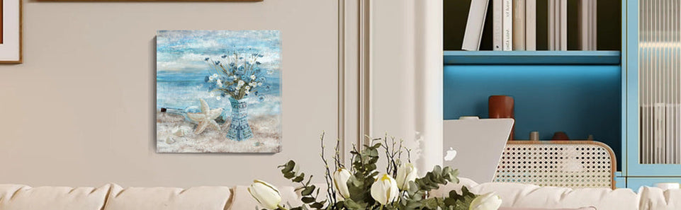 Bathroom Decor Wall Art Blue Beach Picture Ocean Theme Flower Canvas Print Modern Coastal Seascape Painting Framed Seaside Artwork Floral Daisy in Indian Vase for Home Sea Lake Bedroom 14x14inch https://www.amazon.com/dp/B08VH1FZV3